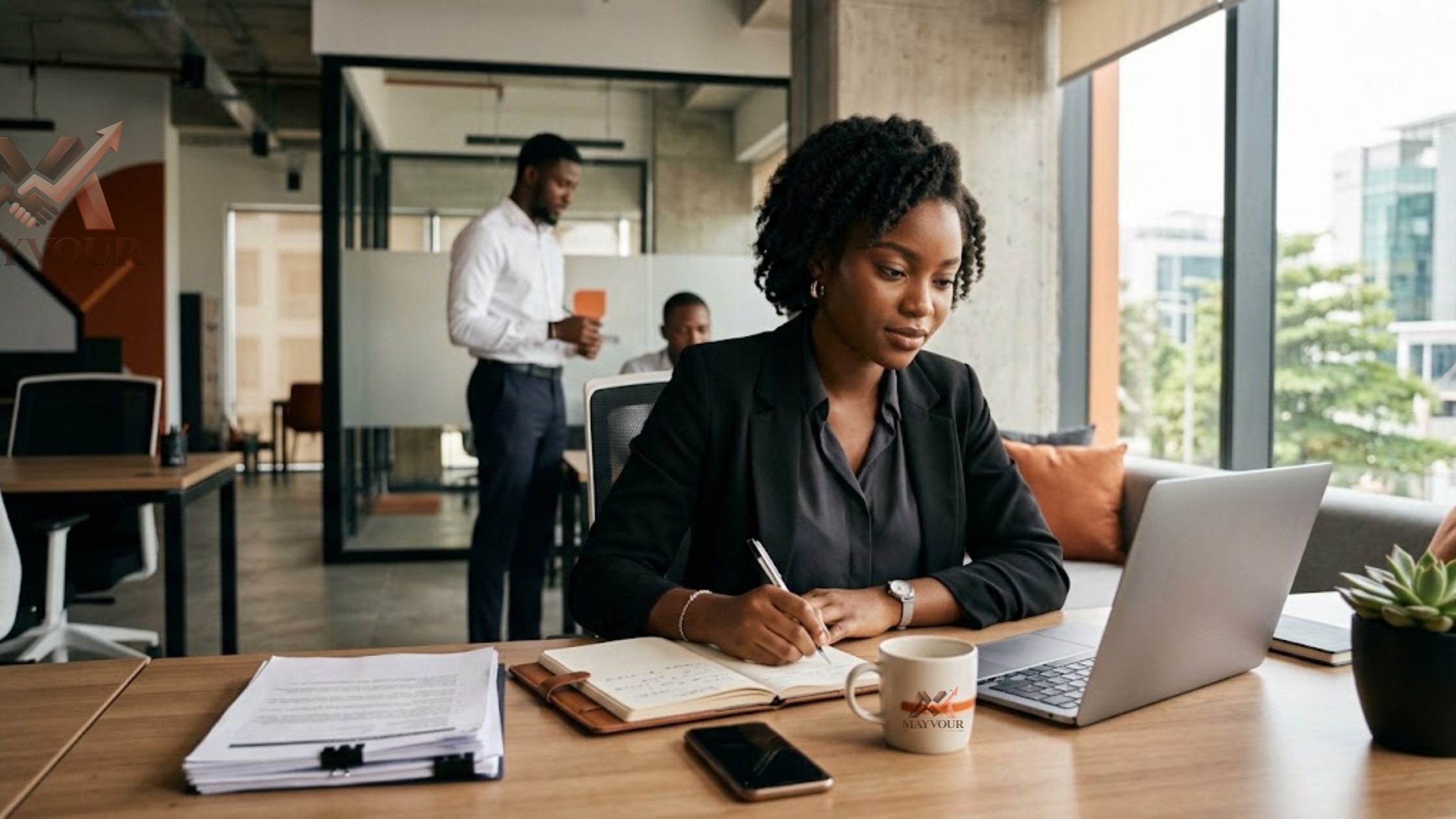 Professional working on administrative tasks in a modern office