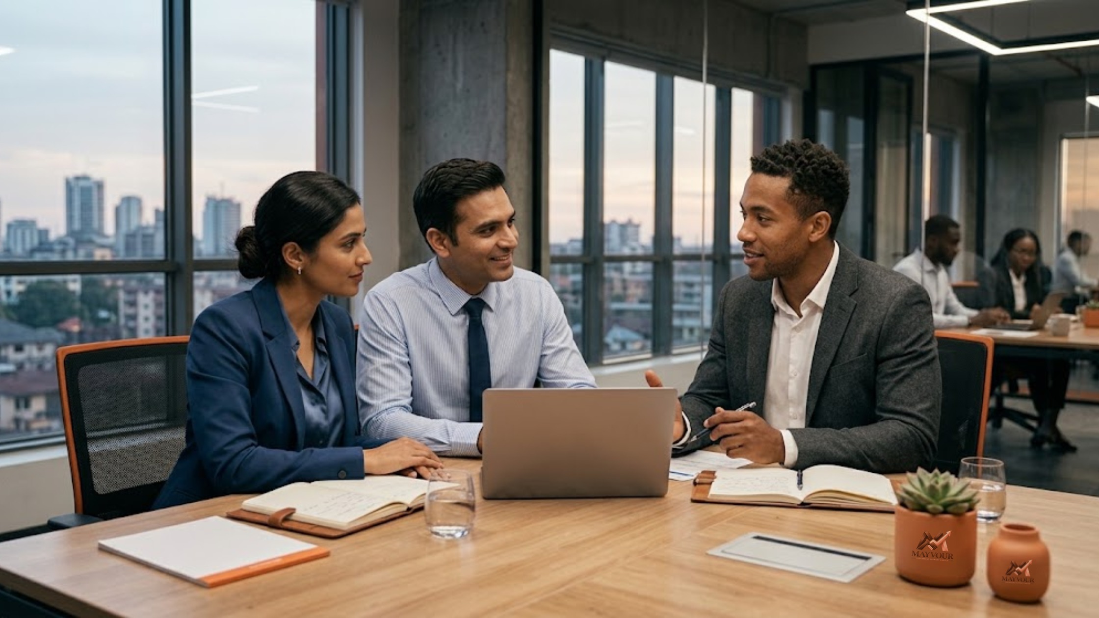 Diverse professionals collaborating on business work in an office